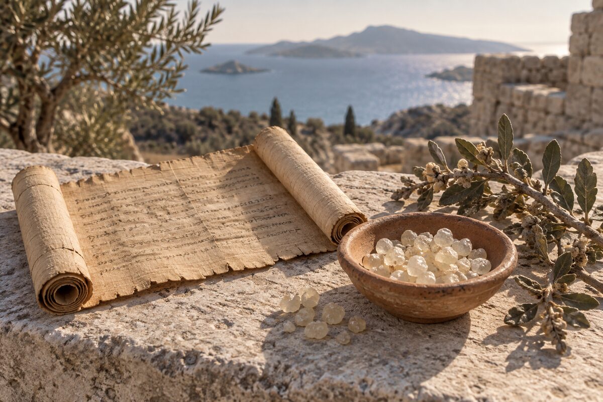An old scroll beside a bowl of mastic resin overlooking the Aegean Sea