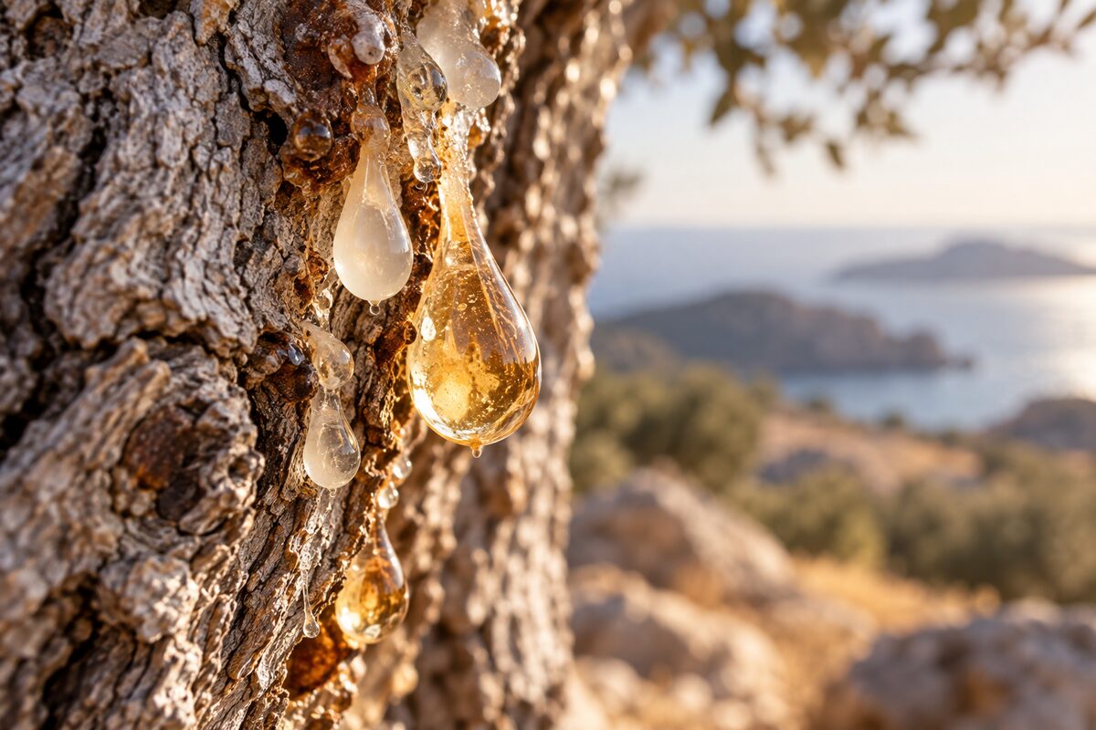 Drops of mastic resin on the bark of a mastic tree
