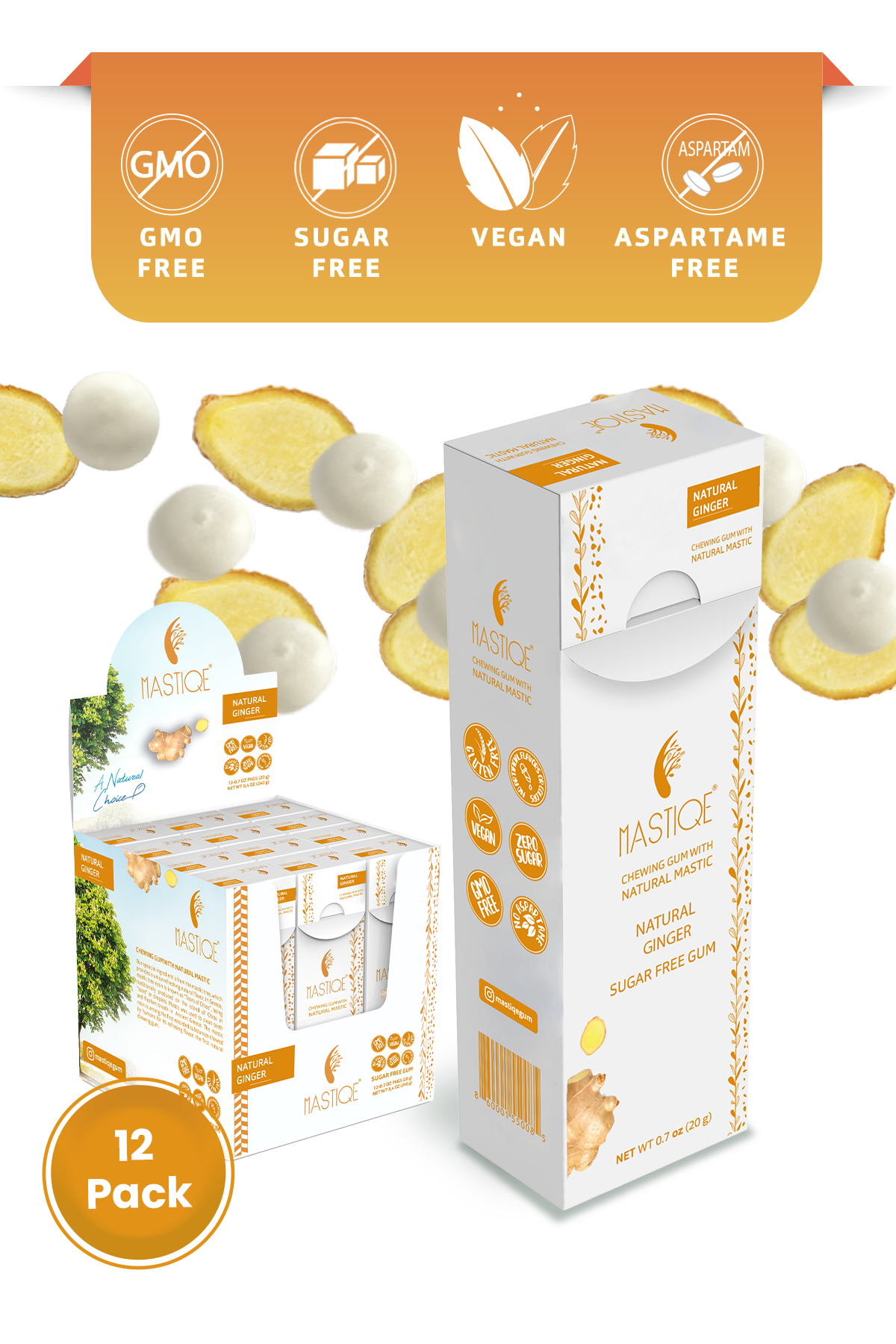 Mastiqe Sugar-Free Gum with Natural Mastic Ginger (12-Pack)