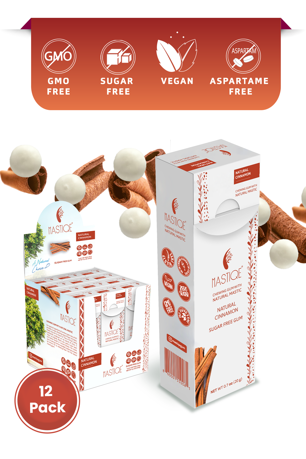 Mastiqe Sugar-Free Gum with Natural Mastic Cinnamon (12-Pack)