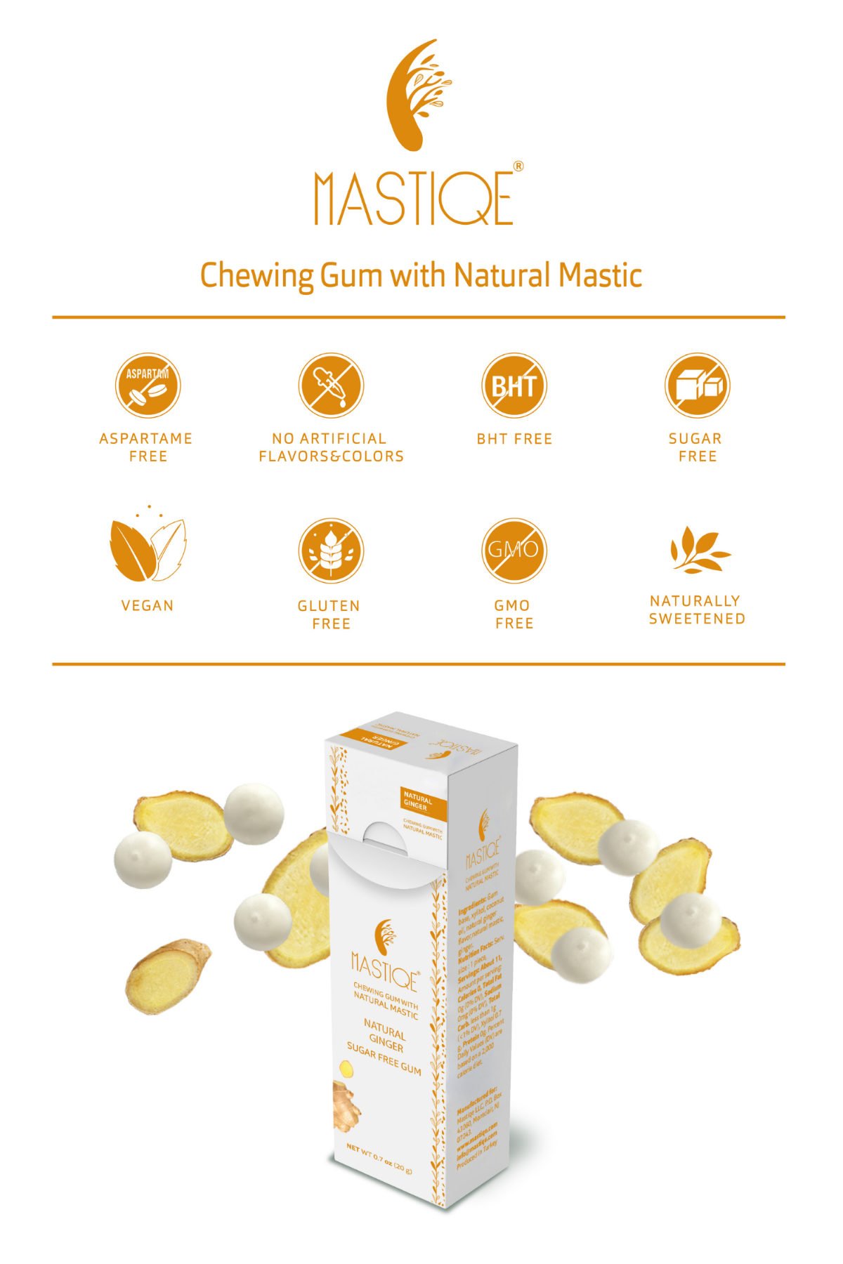 Mastiqe Sugar-Free Gum with Natural Mastic Ginger (12-Pack)