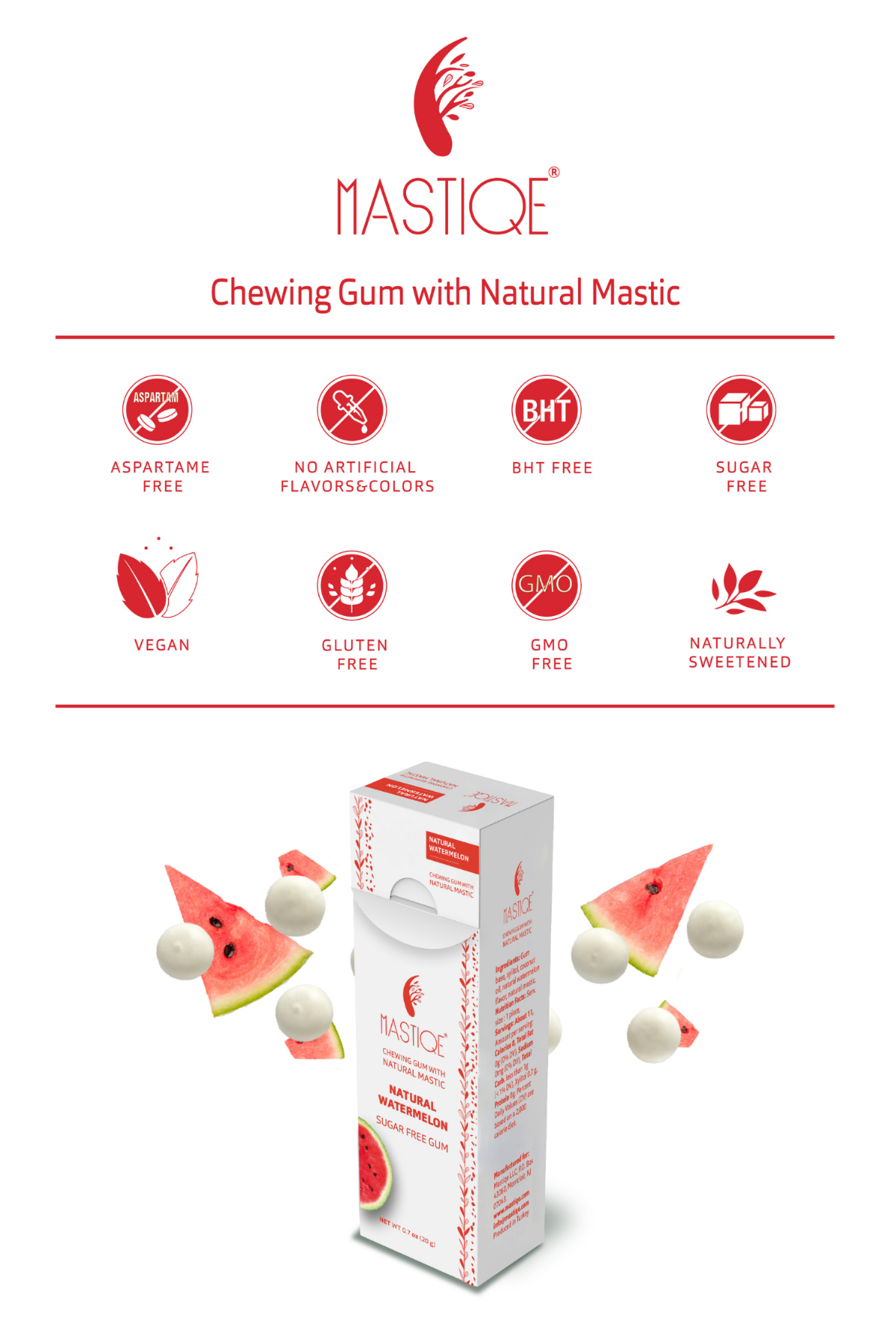 Mastiqe Sugar-Free Gum with Natural Mastic Watermelon (12-Pack)